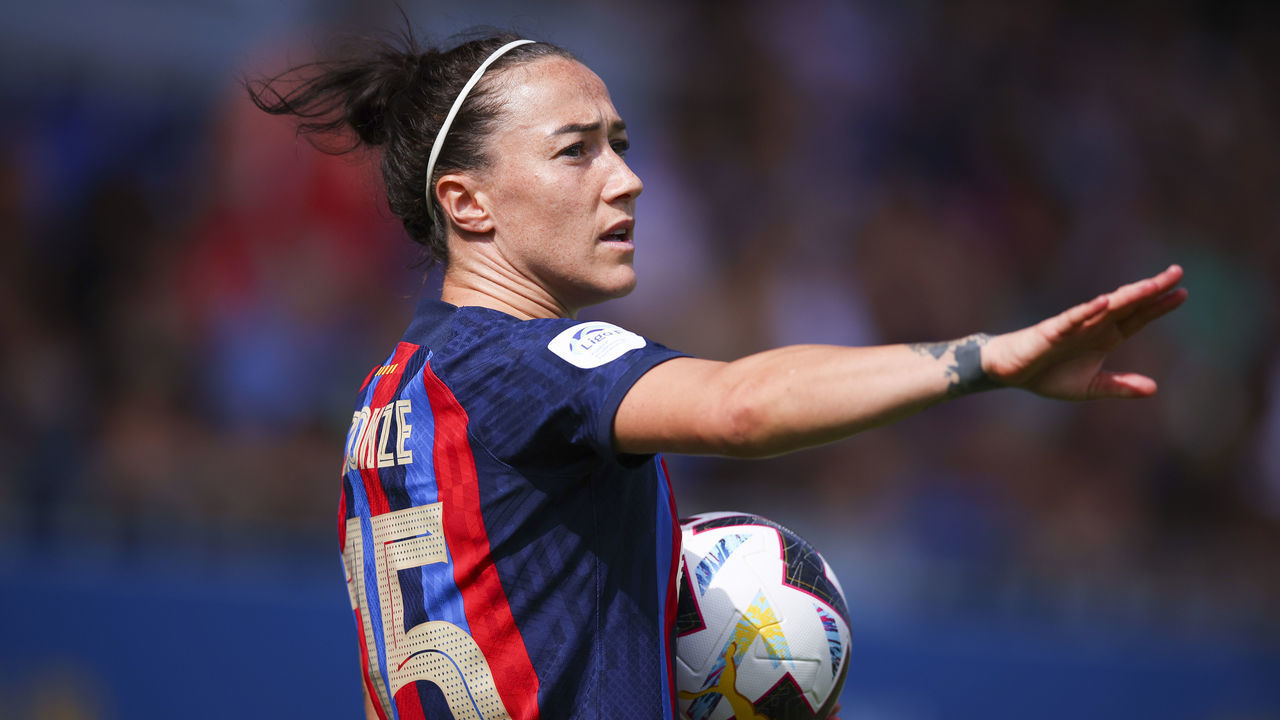 BARCELONA, SPAIN - SEPTEMBER 17: Lucy Bronze of FC Barcelona gestures during the La Liga F between FC Barcelona and UD Granadilla Tenerife at Estadi Johan Cruyff on September 17, 2022 in Barcelona, Spain.