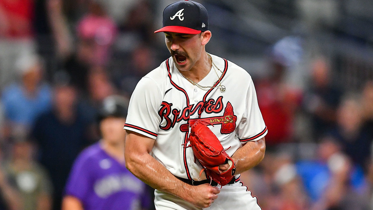 ATLANTA, GA SEPTEMBER 01: Atlanta starting pitcher Spencer Strider (65) reacts after striking out his 16th batter of the night during the MLB game between the Colorado Rockies and the Atlanta Braves on September 1st, 2022 at Truist Park in Atlanta, GA.