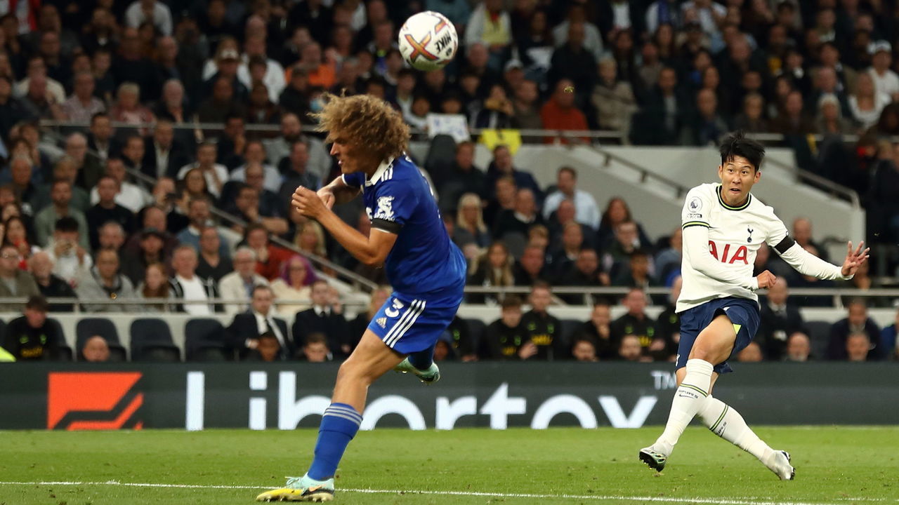 LONDON, ENGLAND - SEPTEMBER 17: Son Heung-min of Tottenham Hotspur scores a goal to make it 5-2 during the Premier League match between Tottenham Hotspur and Leicester City at Tottenham Hotspur Stadium on September 17, 2022 in London, United Kingdom.