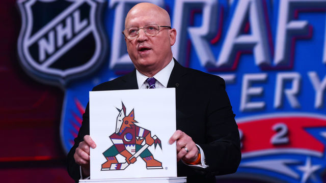 SECAUCUS, NEW JERSEY - MAY 10: National Hockey League Deputy Commissioner Bill Daly announces the Arizona Coyotes #3 overall draft position during the 2022 NHL Draft Lottery on May 10, 2022 at the NHL Network's studio in Secaucus, New Jersey.