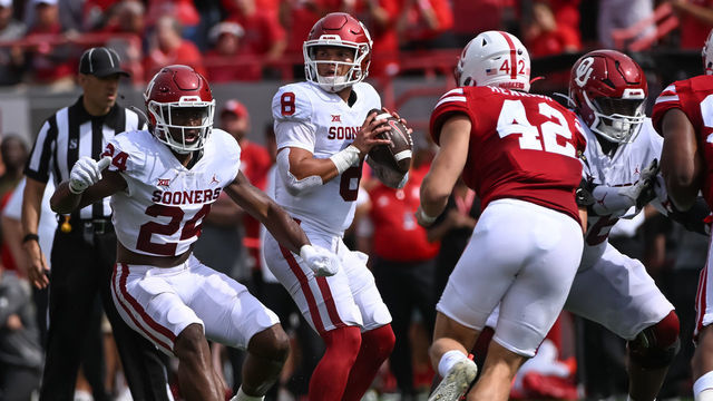 LINCOLN, NE - SEPTEMBER 17: Quarterback Dillon Gabriel #8 of the Oklahoma Sooners looks to pass against linebacker Nick Henrich #42 of the Nebraska Cornhuskers during the first quarter at Memorial Stadium on September 17, 2022 in Lincoln, Nebraska.