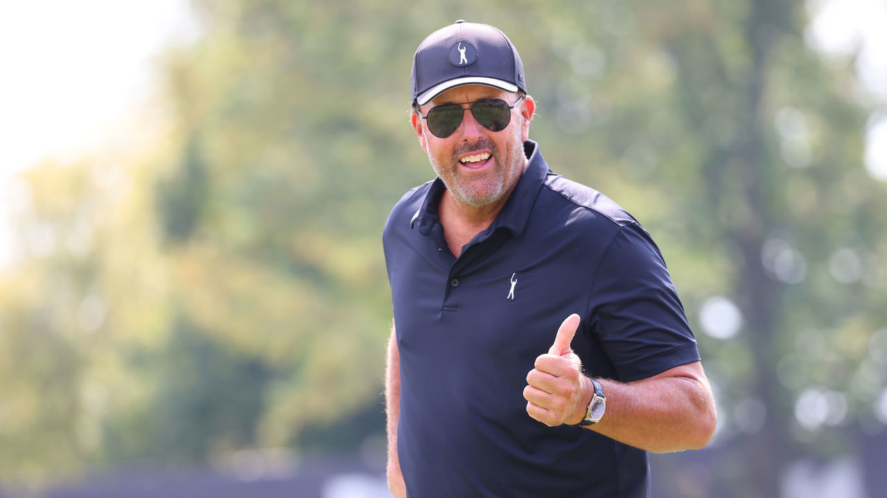SUGAR GROVE, ILLINOIS - SEPTEMBER 17: Team Captain Phil Mickelson of Hy Flyers GC is seen on the 18th tee during Day Two of the LIV Golf Invitational - Chicago at Rich Harvest Farms on September 17, 2022 in Sugar Grove, Illinois.
