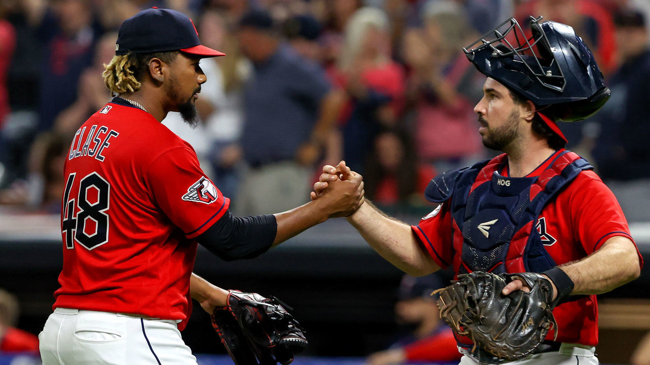 CLEVELAND, OH - SEPTEMBER 16: Cleveland Guardians relief pitcher Emmanuel Clase (48) and Cleveland Guardians catcher Austin Hedges (17) celebrate following the Major League Baseball game between the Minnesota Twins and Cleveland Guardians on September 16, 2022, at Progressive Field in Cleveland, OH.