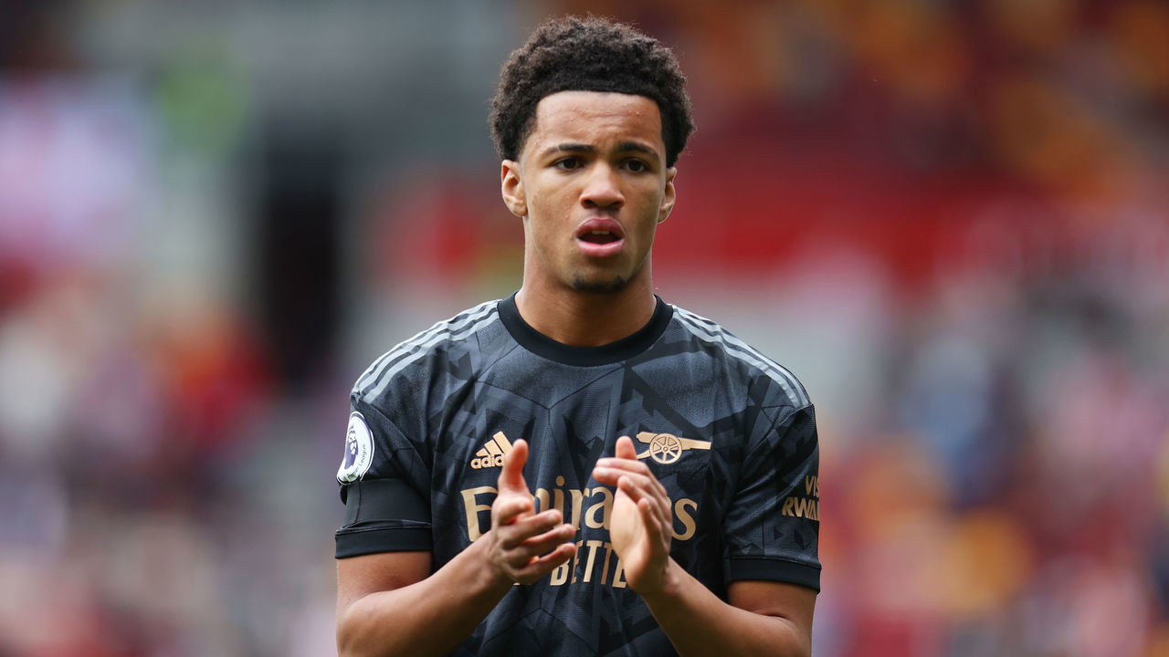 BRENTFORD, ENGLAND - SEPTEMBER 18: Ethan Nwaneri of Arsenal applauds the fans following the Premier League match between Brentford FC and Arsenal FC at Brentford Community Stadium on September 18, 2022 in Brentford, England.