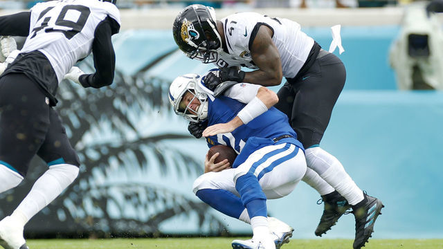 JACKSONVILLE, FL - SEPTEMBER 18: Indianapolis Colts quarterback Matt Ryan (2) is sacked by Jacksonville Jaguars linebacker Josh Allen (41) during the game between the Indianapolis Colts and the Jacksonville Jaguars on September 19, 2022 at TIAA Bank Field in Jacksonville, Fl.
