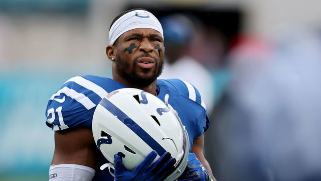 JACKSONVILLE, FLORIDA - SEPTEMBER 18: Nyheim Hines #21 of the Indianapolis Colts looks on before a game against the Jacksonville Jaguars at TIAA Bank Field on September 18, 2022 in Jacksonville, Florida.