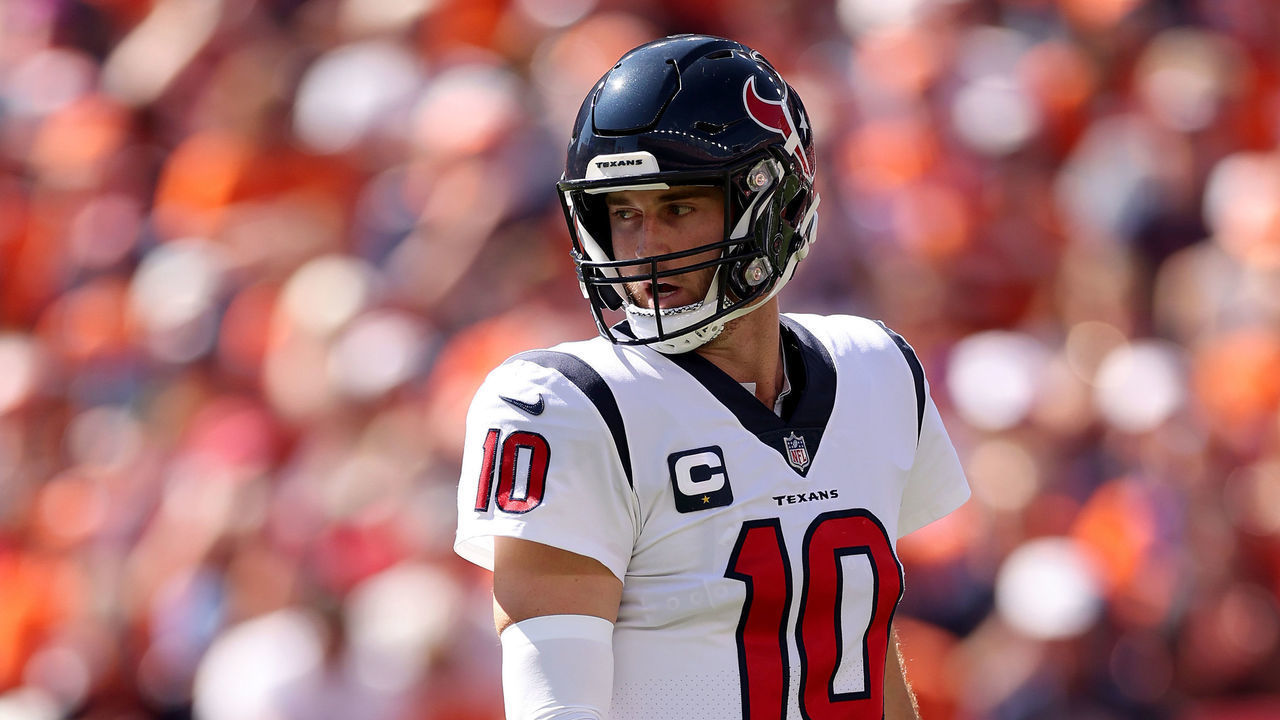 DENVER, COLORADO - SEPTEMBER 18: Davis Mills #10 of the Houston Texans looks on during the first half against the Denver Broncos at Empower Field At Mile High on September 18, 2022 in Denver, Colorado.