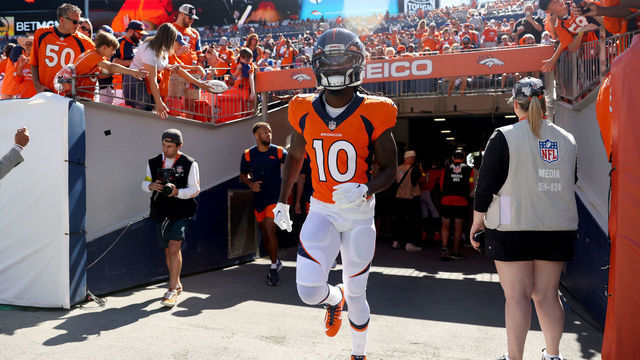 DENVER, COLORADO - SEPTEMBER 18: Jerry Jeudy #10 of the Denver Broncos takes the field prior to playing the Houston Texans at Empower Field At Mile High on September 18, 2022 in Denver, Colorado.