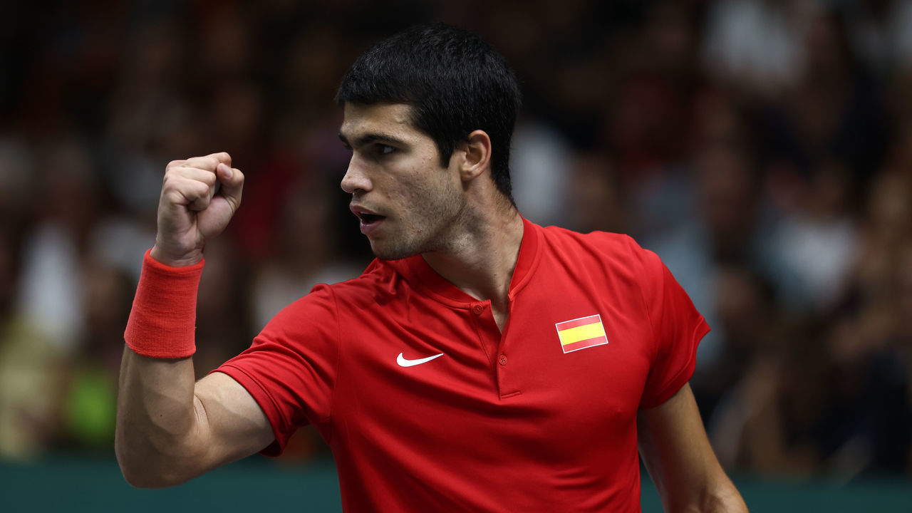 VALENCIA, SPAIN - SEPTEMBER 18: Carlos Alcaraz of Spain in action against Soonwoo Kwon of Korea during the Davis Cup by Rakuten 2022, Finals Group B, tennis match 2 played between Spain and Korea at Fuente de San Luis pavilion on September 18, 2022, in Valencia, Spain.