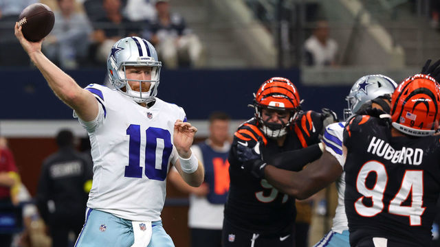 ARLINGTON, TEXAS - SEPTEMBER 18: Cooper Rush #10 of the Dallas Cowboys passes the ball against the Cincinnati Bengals during the second half at AT&T Stadium on September 18, 2022 in Arlington, Texas.