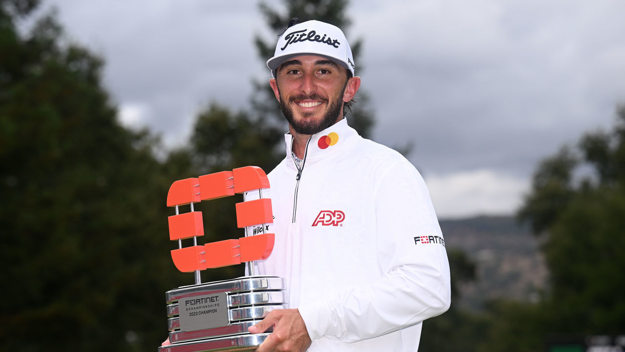 NAPA, CALIFORNIA - SEPTEMBER 18: Max Homa of the United States celebrates with the trophy after winning the Fortinet Championship at Silverado Resort and Spa North course on September 18, 2022 in Napa, California.