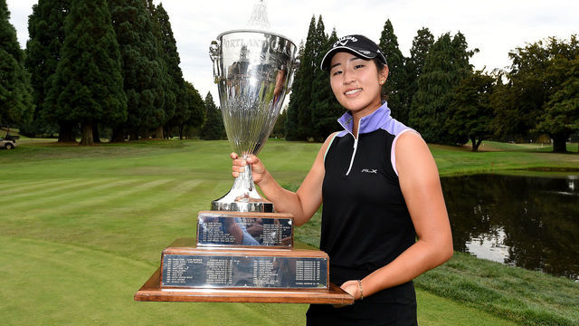 PORTLAND, OREGON - SEPTEMBER 18: Andrea Lee poses with the trophy after winning the he AmazingCre Portland Classic at Columbia Edgewater Country Club on September 18, 2022 in Portland, Oregon.