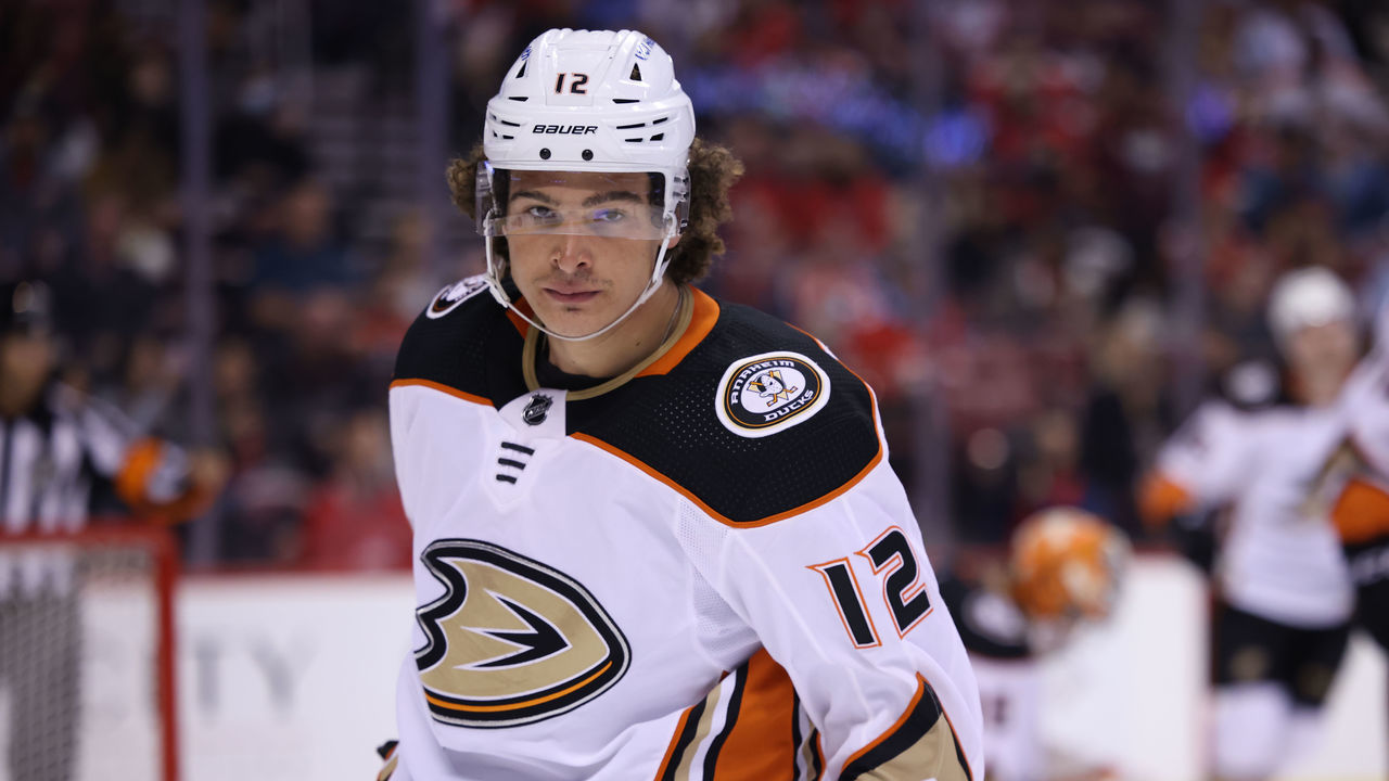 MIAMI, FL - April 12: Anaheim Ducks left wing Sonny Milano (12) checks the stands during a stop in play during the game between the Anaheim Ducks and the Florida Panthers on Tuesday, April 12, 2022 at the FLA Live Arena in Sunrise, FL