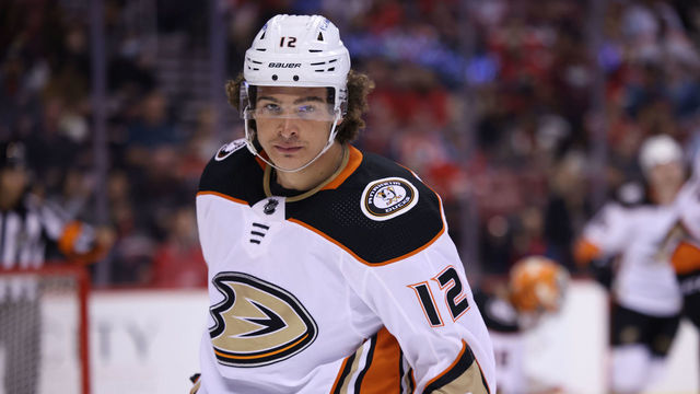 MIAMI, FL - April 12: Anaheim Ducks left wing Sonny Milano (12) checks the stands during a stop in play during the game between the Anaheim Ducks and the Florida Panthers on Tuesday, April 12, 2022 at the FLA Live Arena in Sunrise, FL