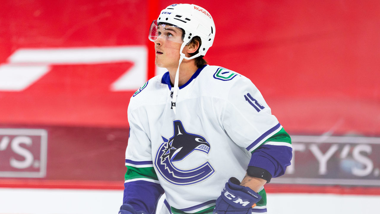 OTTAWA, ON - APRIL 28: Vancouver Canucks Right Wing Jake Virtanen (18) during warm-up before National Hockey League action between the Vancouver Canucks and Ottawa Senators on April 28, 2021, at Canadian Tire Centre in Ottawa, ON, Canada.