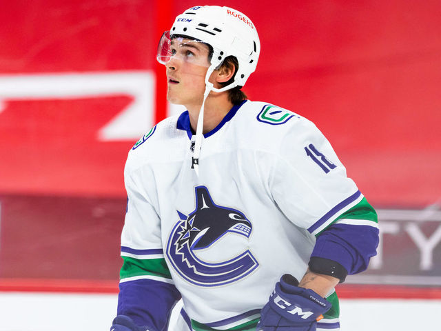 OTTAWA, ON - APRIL 28: Vancouver Canucks Right Wing Jake Virtanen (18) during warm-up before National Hockey League action between the Vancouver Canucks and Ottawa Senators on April 28, 2021, at Canadian Tire Centre in Ottawa, ON, Canada.