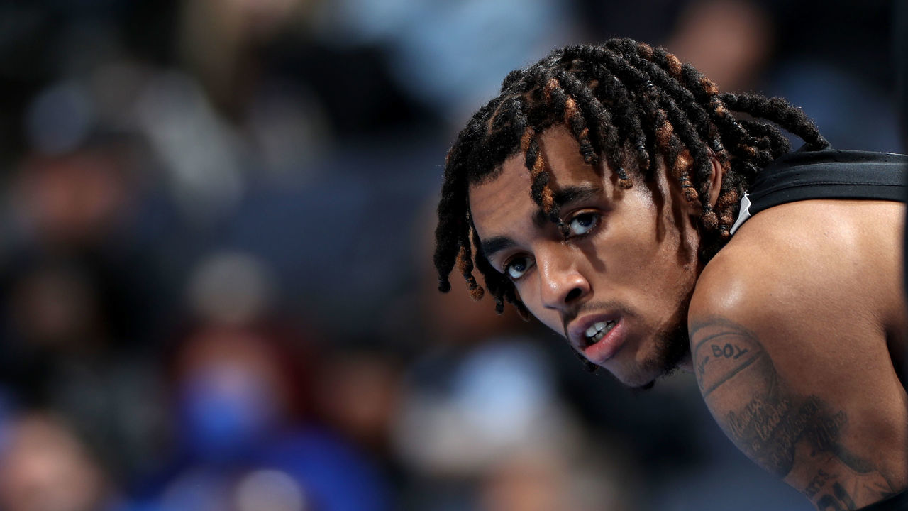MEMPHIS, TN - JANUARY 27: Emoni Bates #1 of the Memphis Tigers looks on against the East Carolina Pirates during a game on January 27, 2022 at FedExForum in Memphis, Tennessee. Memphis defeated East Carolina 71-54.