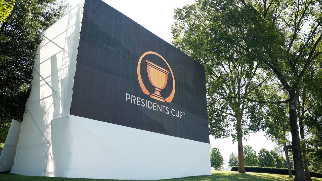CHARLOTTE, NORTH CAROLINA - SEPTEMBER 19: Signage is displayed on a screen prior to the 2022 Presidents Cup at Quail Hollow Country Club on September 19, 2022 in Charlotte, North Carolina.