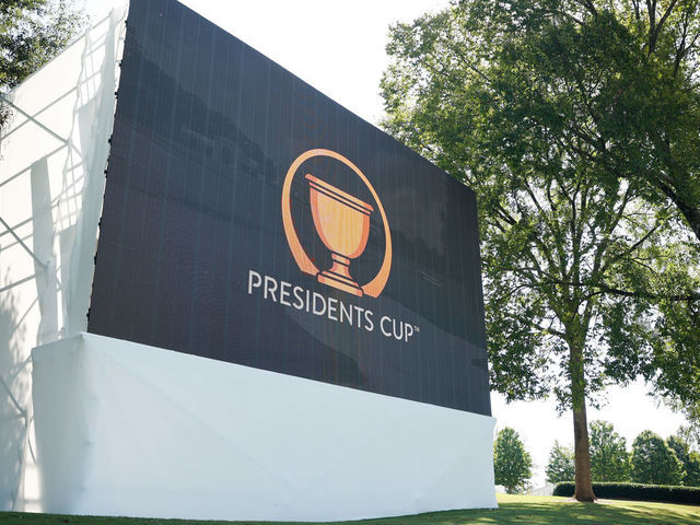 CHARLOTTE, NORTH CAROLINA - SEPTEMBER 19: Signage is displayed on a screen prior to the 2022 Presidents Cup at Quail Hollow Country Club on September 19, 2022 in Charlotte, North Carolina.