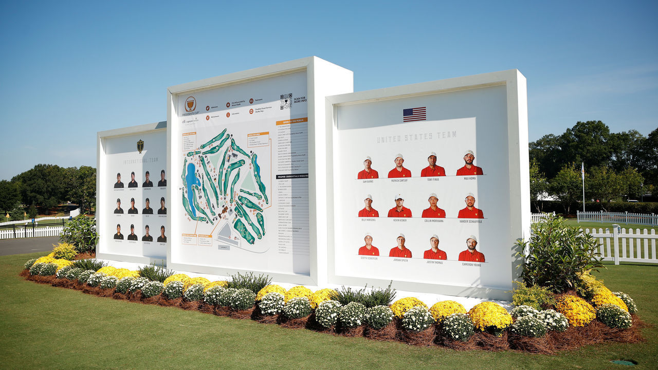 CHARLOTTE, NORTH CAROLINA - SEPTEMBER 19: Signage displays images of the United States and International Teams prior to the 2022 Presidents Cup at Quail Hollow Country Club on September 19, 2022 in Charlotte, North Carolina.