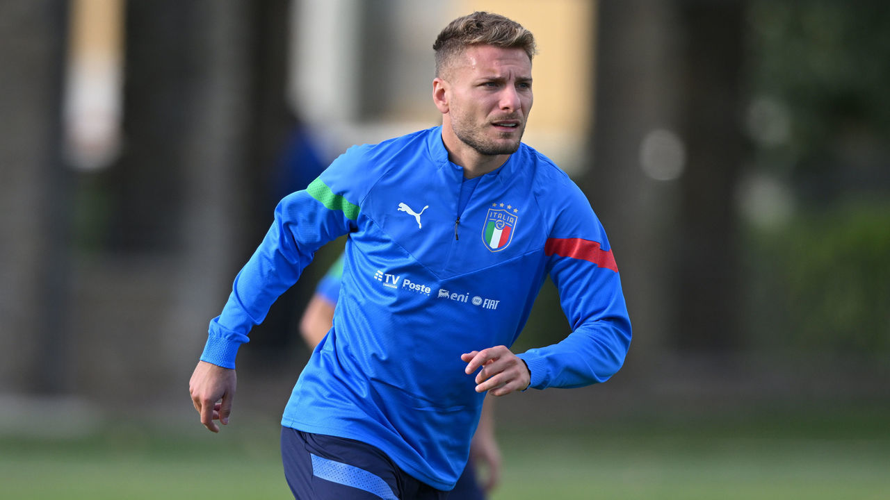 FLORENCE, ITALY - SEPTEMBER 19: Ciro Immobile of Italy in action during the training session at Centro Tecnico Federale di Coverciano on September 19, 2022 in Florence, Italy.