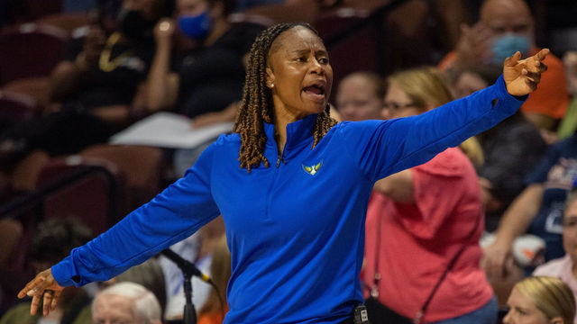 UNCASVILLE, CT - AUGUST 21: Dallas Wings head coach Vickie Johnson gestures during Game 2 of the First Round of the WNBA Playoffs between the Dallas Wings and the Connecticut Sun on August 21, 2022, at Mohegan Sun Arena in Uncasville, CT.