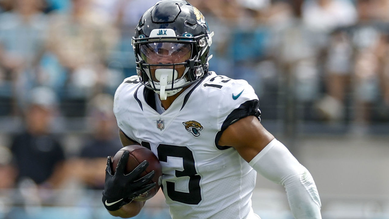 JACKSONVILLE, FL - SEPTEMBER 18: Jacksonville Jaguars wide receiver Christian Kirk (13) runs with the ball during the game between the Indianapolis Colts and the Jacksonville Jaguars on September 19, 2022 at TIAA Bank Field in Jacksonville, Fl.