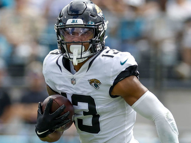 JACKSONVILLE, FL - SEPTEMBER 18: Jacksonville Jaguars wide receiver Christian Kirk (13) runs with the ball during the game between the Indianapolis Colts and the Jacksonville Jaguars on September 19, 2022 at TIAA Bank Field in Jacksonville, Fl.