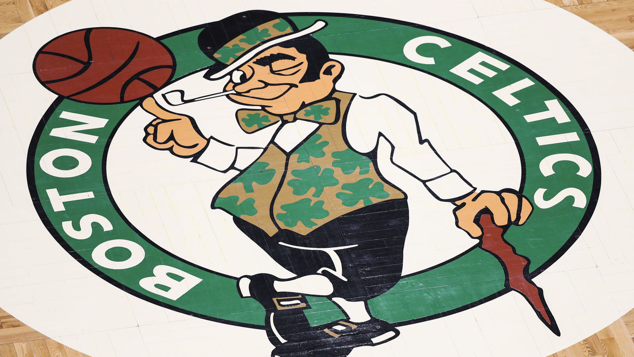 BOSTON, MA - APRIL 04: A general view of the Boston Celtics logo on the court during a game against the Charlotte Hornets at TD Garden on April 4, 2021 in Boston, Massachusetts.