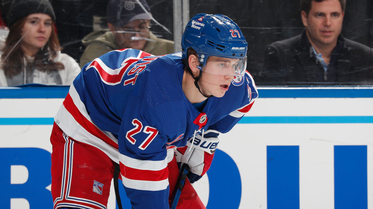 NEW YORK, NY - NOVEMBER 16: Nils Lundkvist #27 of the New York Rangers skates against the Montreal Canadiens at Madison Square Garden on November 16, 2021 in New York City.