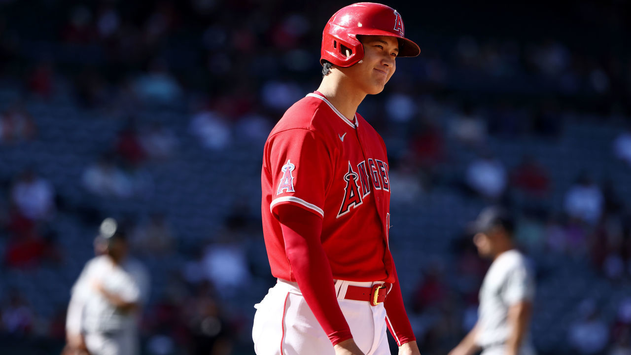 ANAHEIM, CALIFORNIA - SEPTEMBER 19: Shohei Ohtani #17 of the Los Angeles Angels looks on after hitting a single during the eighth inning against the Seattle Mariners at Angel Stadium of Anaheim on September 19, 2022 in Anaheim, California.