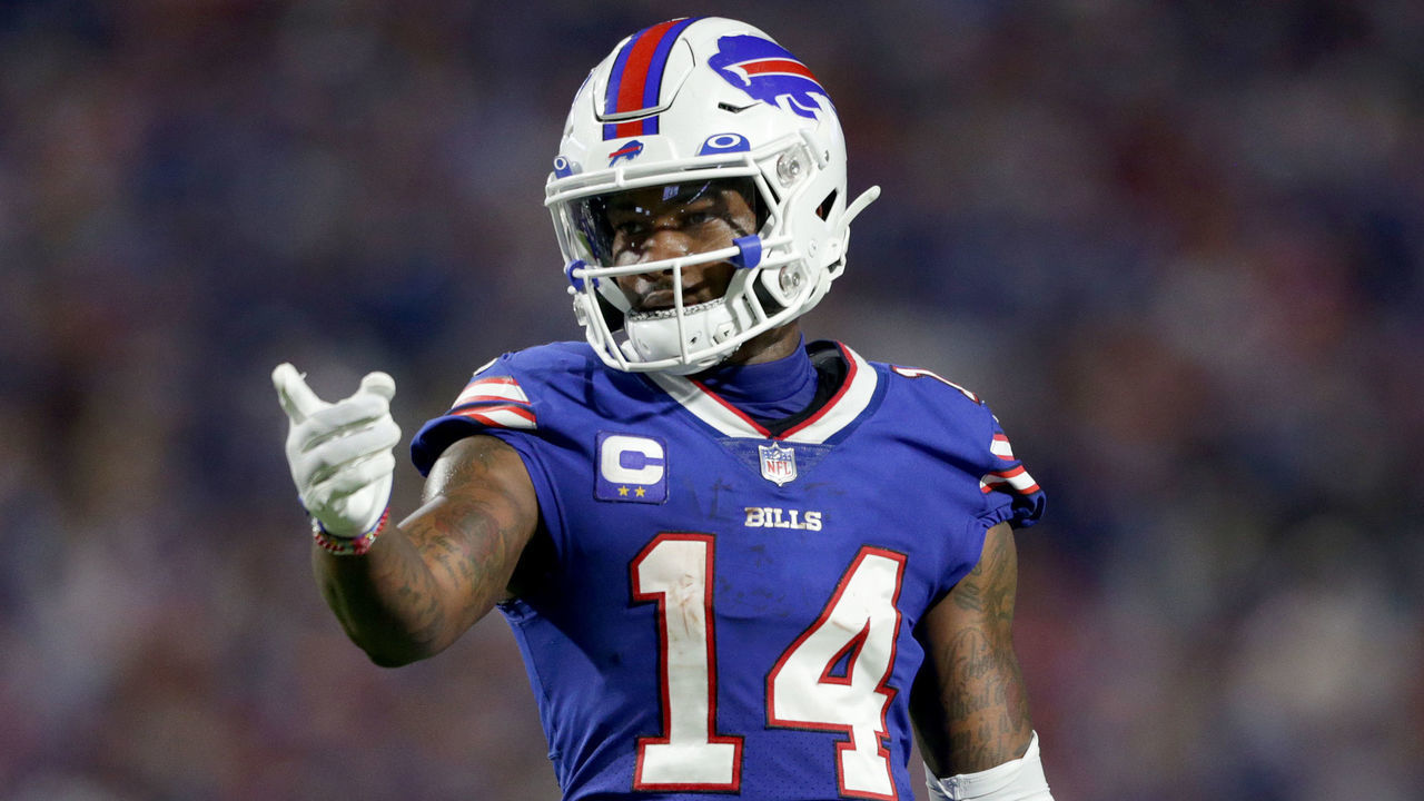ORCHARD PARK, NEW YORK - SEPTEMBER 19: Stefon Diggs #14 of the Buffalo Bills points against the Tennessee Titans during the first half of the game at Highmark Stadium on September 19, 2022 in Orchard Park, New York.