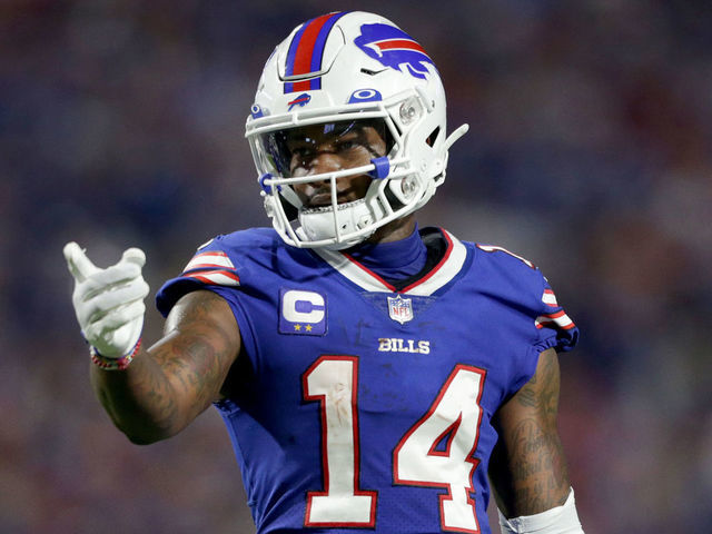 ORCHARD PARK, NEW YORK - SEPTEMBER 19: Stefon Diggs #14 of the Buffalo Bills points against the Tennessee Titans during the first half of the game at Highmark Stadium on September 19, 2022 in Orchard Park, New York.