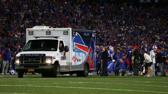 ORCHARD PARK, NEW YORK - SEPTEMBER 19: An ambulance is seen on field after Dane Jackson #30 of the Buffalo Bills was injured in a play against the Tennessee Titans during the second quarter of the game at Highmark Stadium on September 19, 2022 in Orchard Park, New York.