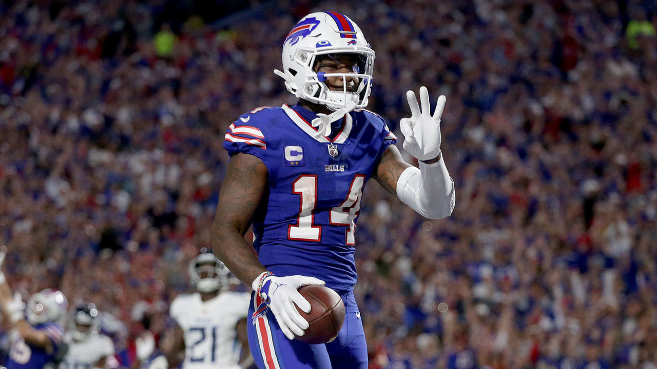ORCHARD PARK, NEW YORK - SEPTEMBER 19: Stefon Diggs #14 of the Buffalo Bills celebrates after scoring his third touchdown of the night against the Tennessee Titans during the third quarter of the game at Highmark Stadium on September 19, 2022 in Orchard Park, New York.