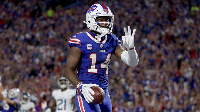 ORCHARD PARK, NEW YORK - SEPTEMBER 19: Stefon Diggs #14 of the Buffalo Bills celebrates after scoring his third touchdown of the night against the Tennessee Titans during the third quarter of the game at Highmark Stadium on September 19, 2022 in Orchard Park, New York.