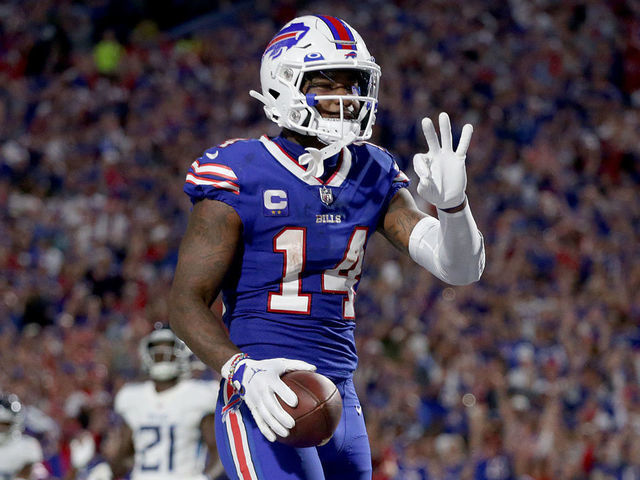 ORCHARD PARK, NEW YORK - SEPTEMBER 19: Stefon Diggs #14 of the Buffalo Bills celebrates after scoring his third touchdown of the night against the Tennessee Titans during the third quarter of the game at Highmark Stadium on September 19, 2022 in Orchard Park, New York.
