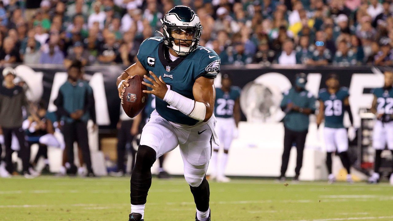 PHILADELPHIA, PENNSYLVANIA - SEPTEMBER 19: Jalen Hurts #1 of the Philadelphia Eagles rushes the ball during the second quarter against the Minnesota Vikings at Lincoln Financial Field on September 19, 2022 in Philadelphia, Pennsylvania.