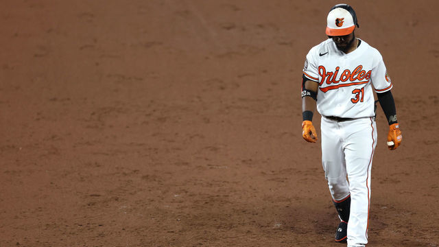 BALTIMORE, MARYLAND - SEPTEMBER 19: Cedric Mullins #31 of the Baltimore Orioles reacts after batting against the Detroit Tigers during the sixth inning at Oriole Park at Camden Yards on September 19, 2022 in Baltimore, Maryland.