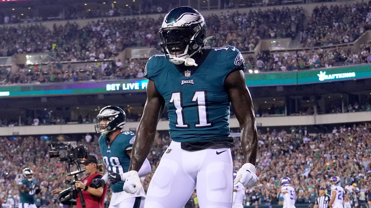 PHILADELPHIA, PENNSYLVANIA - SEPTEMBER 19: A.J. Brown #11 of the Philadelphia Eagles reacts after a touchdown against the Minnesota Vikings during the first quarter at Lincoln Financial Field on September 19, 2022 in Philadelphia, Pennsylvania.