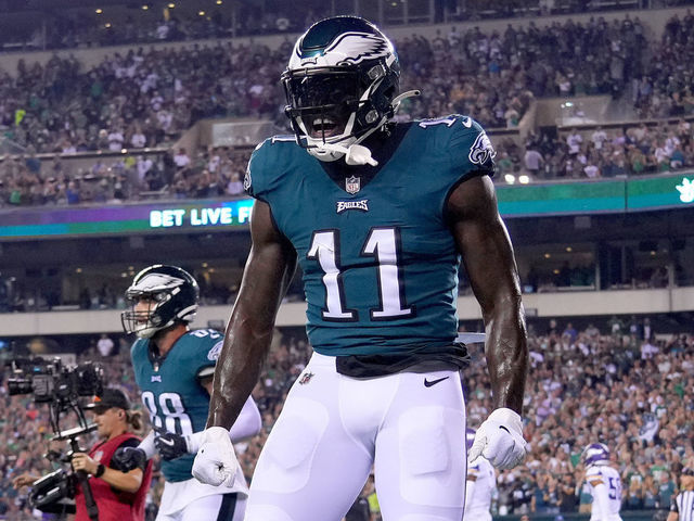 PHILADELPHIA, PENNSYLVANIA - SEPTEMBER 19: A.J. Brown #11 of the Philadelphia Eagles reacts after a touchdown against the Minnesota Vikings during the first quarter at Lincoln Financial Field on September 19, 2022 in Philadelphia, Pennsylvania.