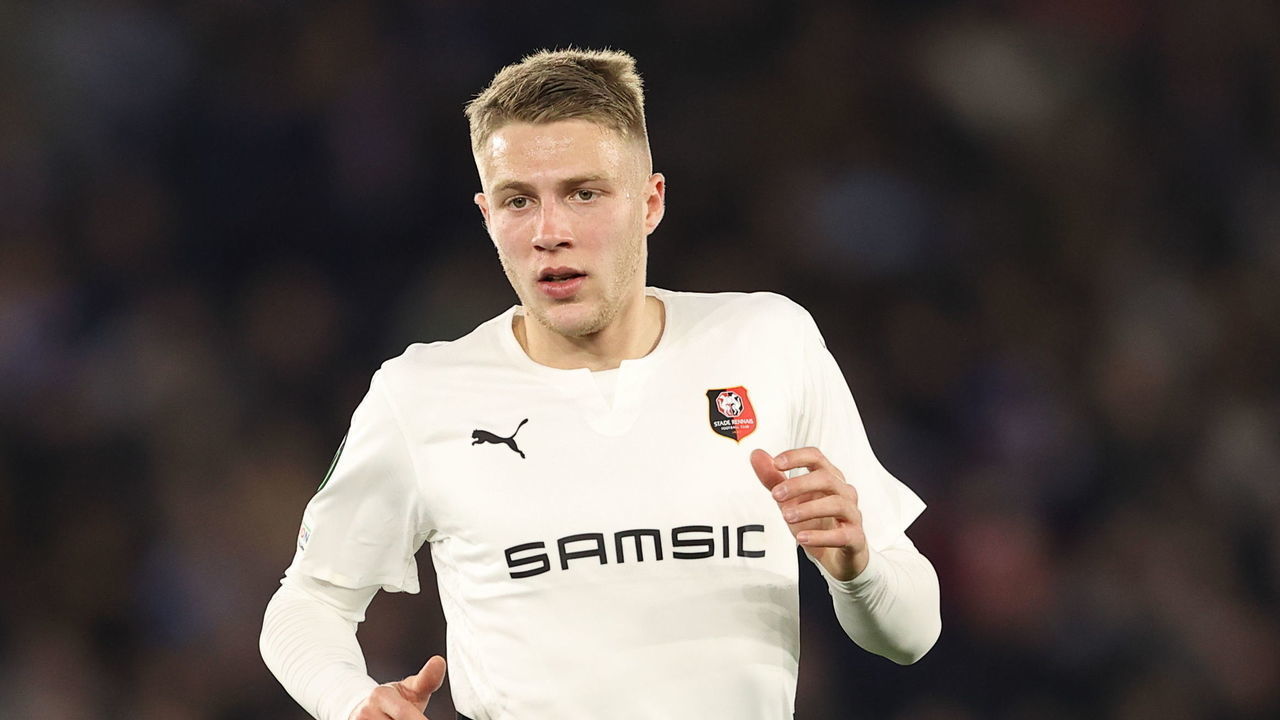 LEICESTER, ENGLAND - MARCH 10: Adrien Truffert of Stade Rennais FC during the UEFA Conference League Round of 16 Leg One match between Leicester City and Stade Rennes at Leicester City Stadium on March 10, 2022 in Leicester, United Kingdom.