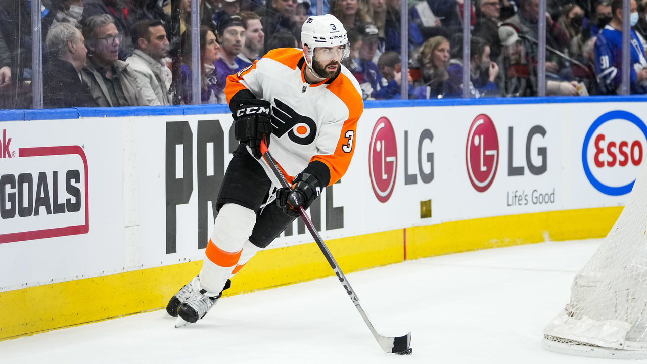 TORONTO, ON - APRIL 19: Keith Yandle #3 of the Philadelphia Flyers plays the puck against the Toronto Maple Leafs during the first period at the Scotiabank Arena on April 19, 2022 in Toronto, Ontario, Canada.