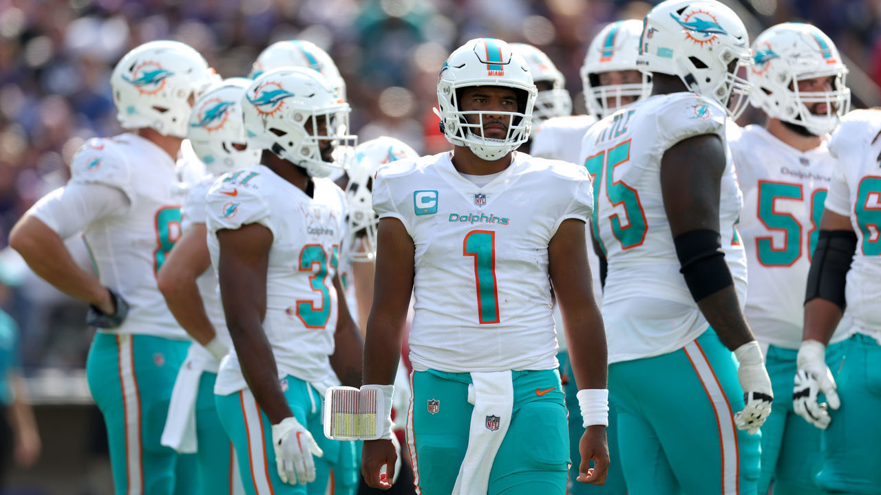 BALTIMORE, MARYLAND - SEPTEMBER 18: Quarterback Tua Tagovailoa #1 of the Miami Dolphins looks on against the Baltimore Ravens at M&T Bank Stadium on September 18, 2022 in Baltimore, Maryland.