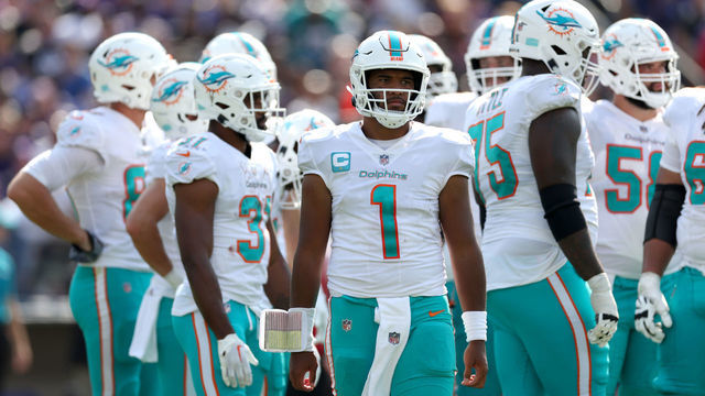 BALTIMORE, MARYLAND - SEPTEMBER 18: Quarterback Tua Tagovailoa #1 of the Miami Dolphins looks on against the Baltimore Ravens at M&T Bank Stadium on September 18, 2022 in Baltimore, Maryland.