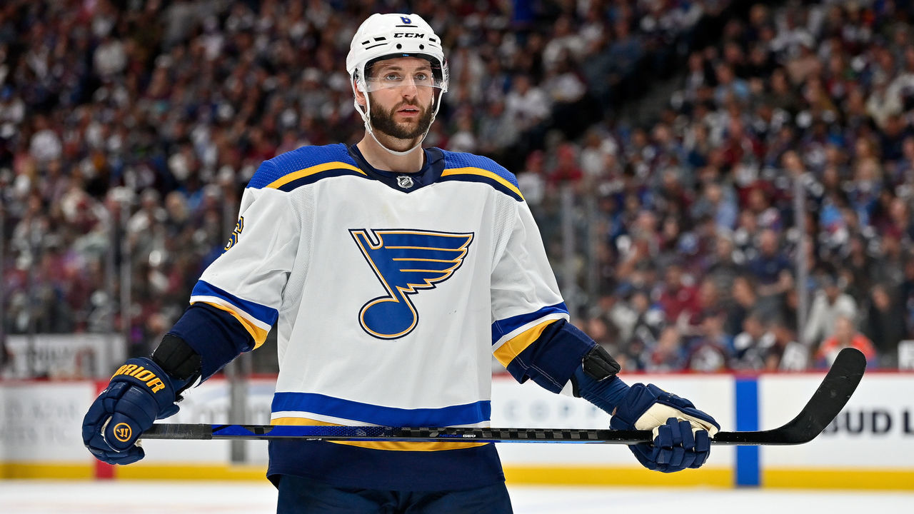 DENVER, CO - MAY 25: St. Louis Blues defenseman Marco Scandella (6) looks on during a Stanley Cup Playoffs round 2 game between the St. Louis Blues and the Colorado Avalanche at Ball Arena in Denver, Colorado on May 25, 2022.