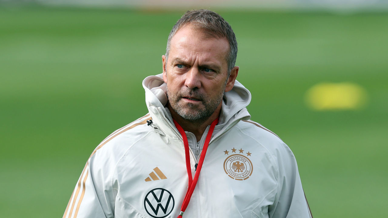 FRANKFURT AM MAIN, GERMANY - SEPTEMBER 20: Head coach Hans-Dieter Flick reacts during a Germany training session at DFB-Campus on September 20, 2022 in Frankfurt am Main, Germany.