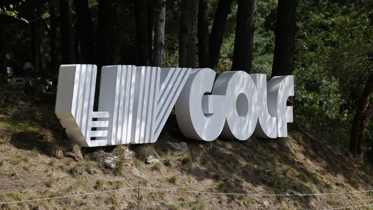 BOLTON, MA - SEPTEMBER 04: LIV Golf signage at the 18th green during the final round on Day 3 of the LIV Golf Invitational Series Boston on September 4, 2022, at The International in Bolton, Massachusetts.