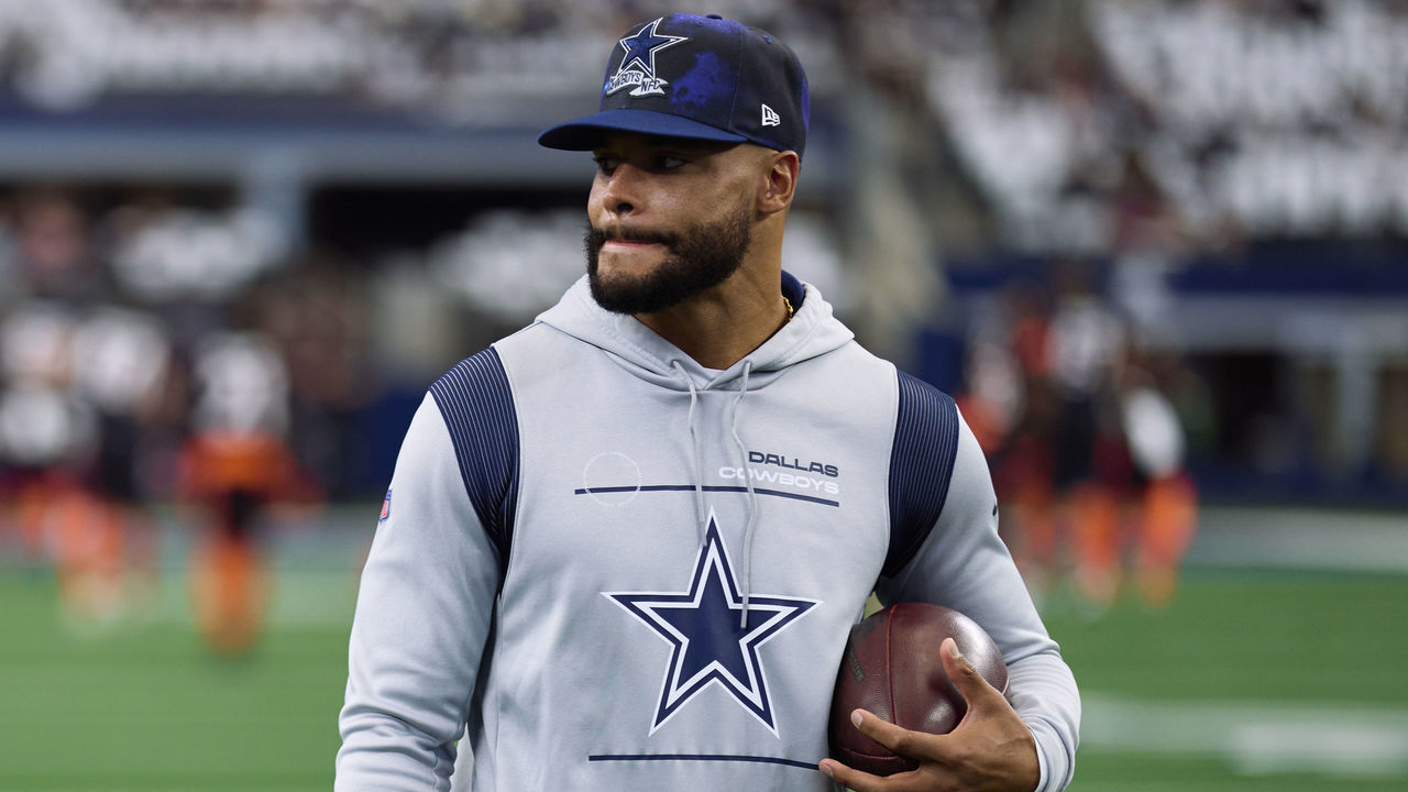 ARLINGTON, TX - SEPTEMBER 18: Dak Prescott #4 of the Dallas Cowboys looks on before kickoff against the Cincinnati Bengals at AT&T Stadium on September 18, 2022 in Arlington, Texas.