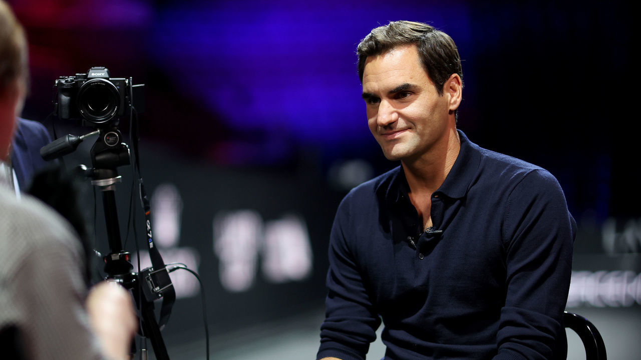 LONDON, ENGLAND - SEPTEMBER 20: Roger Federer of Team Europe is interviewed ahead of the Laver Cup at The O2 Arena on September 20, 2022 in London, England.